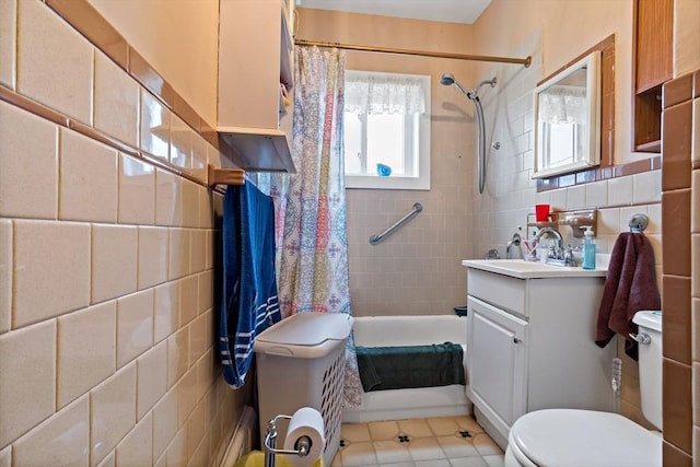 full bathroom featuring shower / tub combo with curtain, tile walls, decorative backsplash, toilet, and vanity