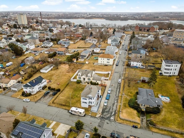 aerial view with a residential view and a water view