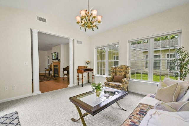 28 Summerfield Dr Unit 28, Grafton, MA 01560 - living room with ornate columns, vaulted ceiling, carpet flooring, healthy amount of natural light, and baseboards