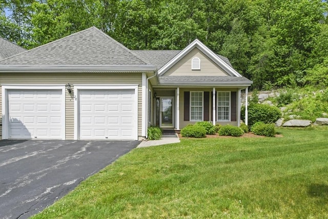 28 Summerfield Dr Unit 28, Grafton, MA 01560 - view of front of house featuring an attached garage, driveway, a shingled roof, a front lawn, and covered porch