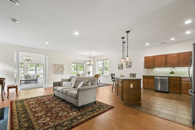 28 Summerfield Dr Unit 28, Grafton, MA 01560 - living room featuring a chandelier, recessed lighting, dark wood-style floors, and baseboards