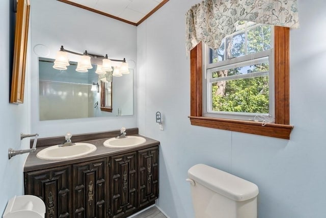 bathroom featuring vanity, ornamental molding, and toilet