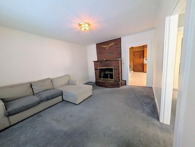 carpeted living room with a brick fireplace and ornamental molding