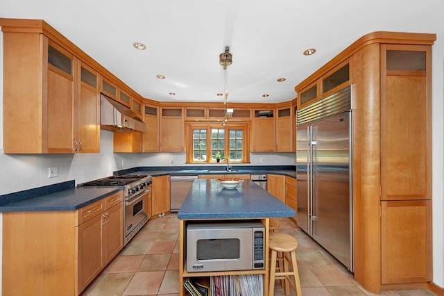 kitchen featuring sink, ventilation hood, hanging light fixtures, a kitchen island, and premium appliances