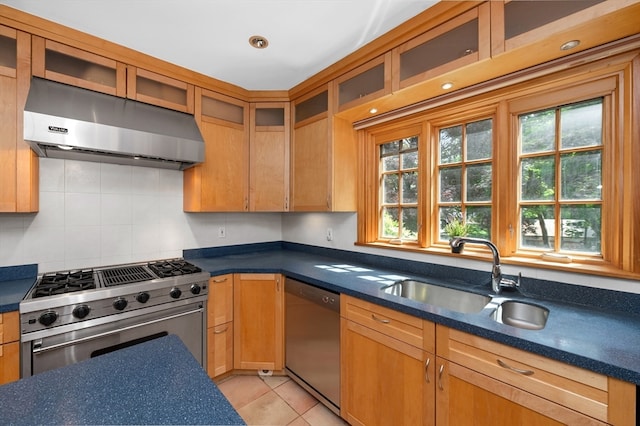 kitchen with tasteful backsplash, light tile patterned flooring, sink, appliances with stainless steel finishes, and exhaust hood