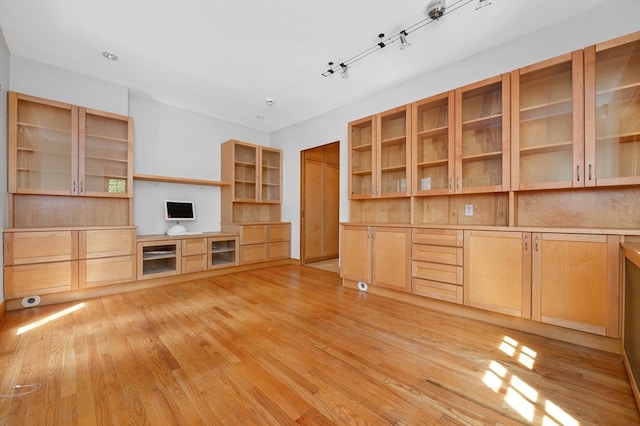 unfurnished living room featuring light hardwood / wood-style flooring and track lighting