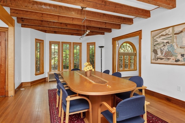 dining space with wood-type flooring and beam ceiling