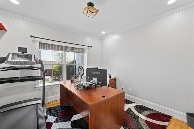 office featuring baseboards, ornamental molding, wood finished floors, and recessed lighting