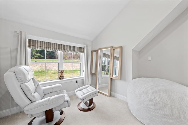 living area featuring baseboards, carpet, and lofted ceiling
