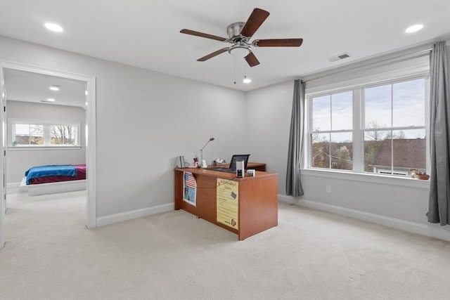 carpeted home office with a ceiling fan, baseboards, visible vents, and recessed lighting