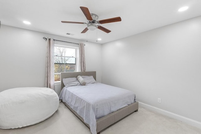 bedroom featuring visible vents, recessed lighting, a ceiling fan, and carpet flooring