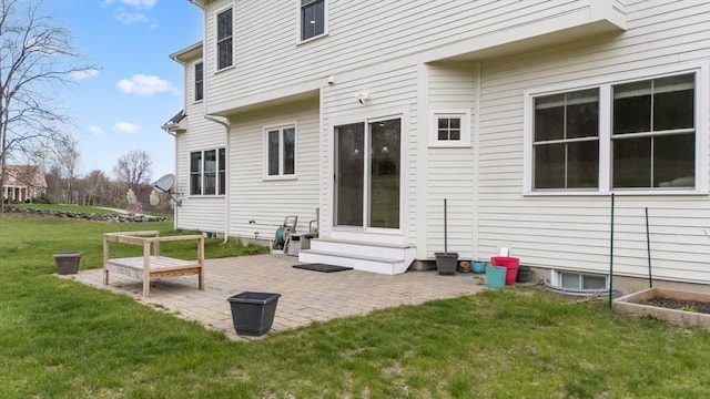 back of property with a yard, a patio area, and entry steps