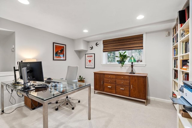 home office with baseboards, recessed lighting, and light colored carpet