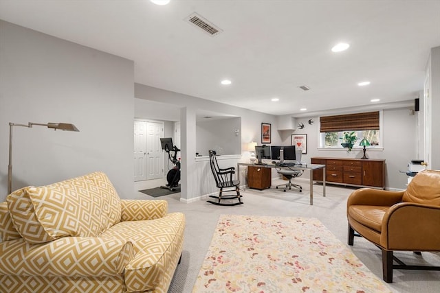 office with light colored carpet, visible vents, baseboards, and recessed lighting