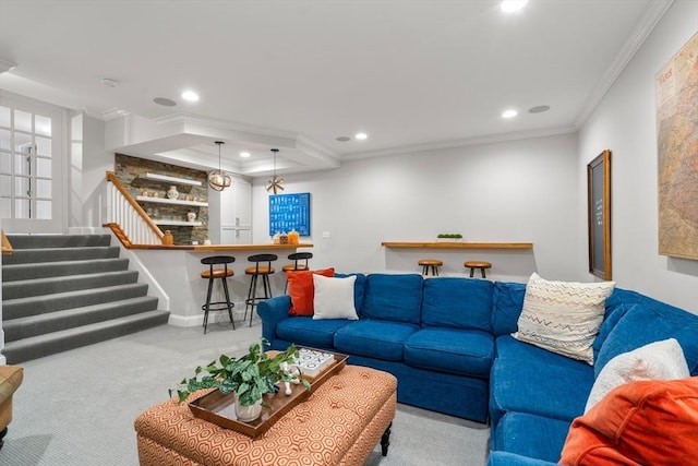 carpeted living area featuring bar, recessed lighting, baseboards, stairs, and crown molding