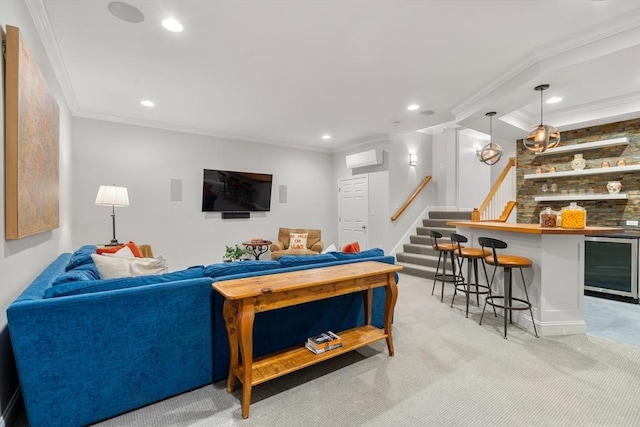 living area featuring stairway, ornamental molding, light carpet, a bar, and beverage cooler