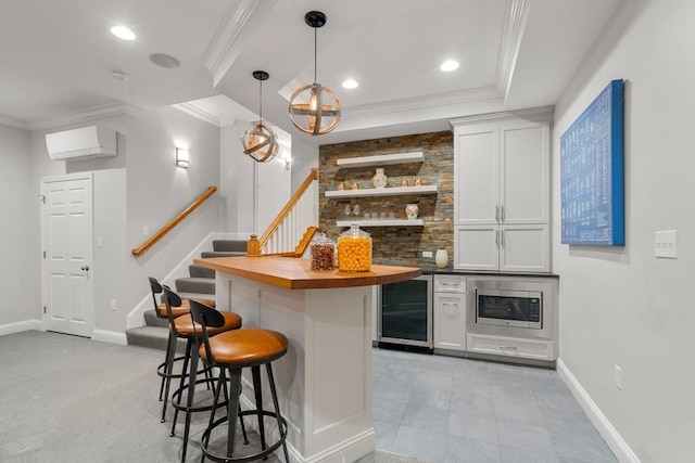 bar featuring beverage cooler, stairs, ornamental molding, and a wall mounted air conditioner