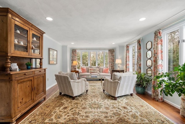 living area featuring ornamental molding, recessed lighting, wood finished floors, and baseboards