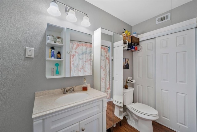 bathroom featuring vanity, wood-type flooring, and toilet