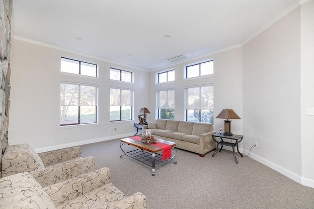 carpeted living room with crown molding