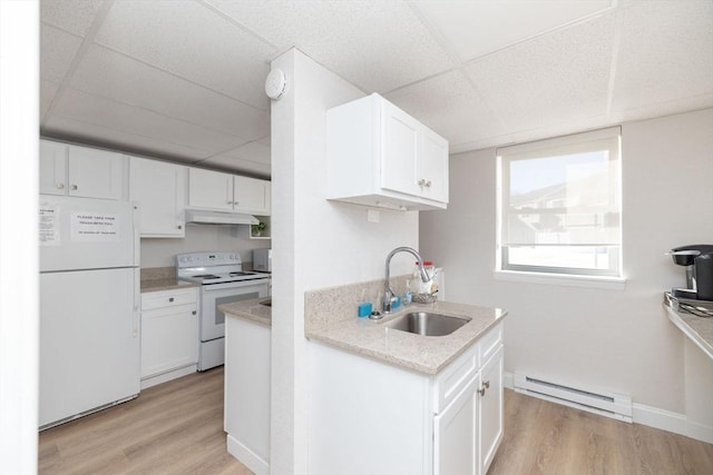 kitchen featuring white cabinetry, sink, a baseboard heating unit, a drop ceiling, and white appliances