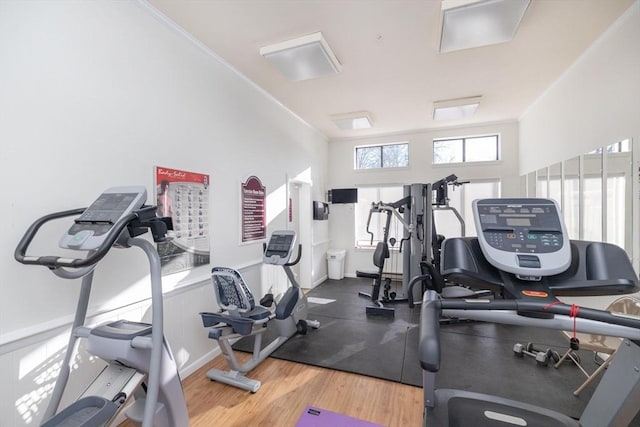 gym with crown molding and hardwood / wood-style floors