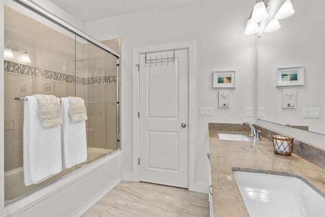 29 Flat Pond Cir, Mashpee, MA 02649 - full bathroom with enclosed tub / shower combo, double vanity, and marble finish flooring