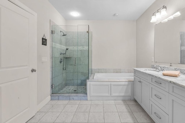 29 Flat Pond Cir, Mashpee, MA 02649 - bathroom featuring a shower stall, a bath, vanity, and tile patterned flooring
