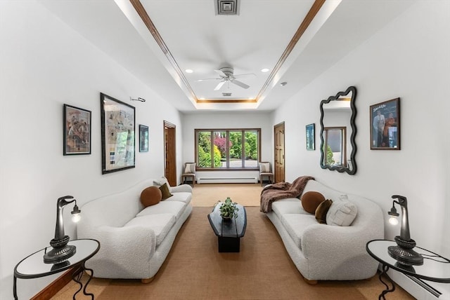 81 Countryside Ln, Milton, MA 02186 - living area featuring ceiling fan, recessed lighting, a tray ceiling, a baseboard radiator, and crown molding