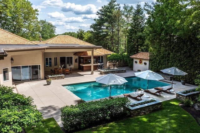 81 Countryside Ln, Milton, MA 02186 - swimming pool with a patio area, an outdoor structure, a hot tub, and outdoor dining space