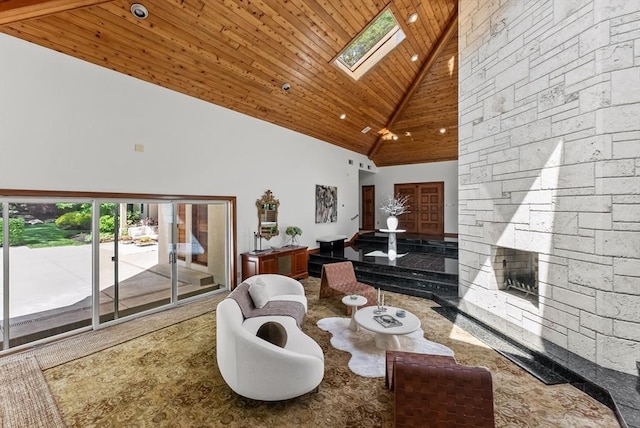 81 Countryside Ln, Milton, MA 02186 - living area featuring high vaulted ceiling, wooden ceiling, a skylight, and recessed lighting