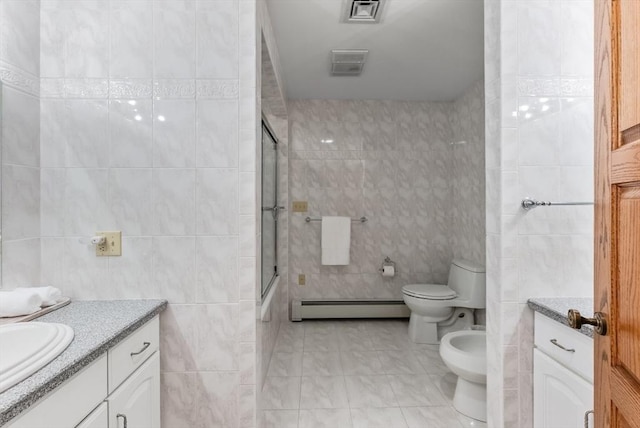 81 Countryside Ln, Milton, MA 02186 - bathroom featuring tile walls, baseboard heating, an enclosed shower, vanity, and a bidet
