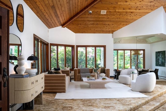 81 Countryside Ln, Milton, MA 02186 - living area with high vaulted ceiling, wooden ceiling with exposed beams, and healthy amount of natural light