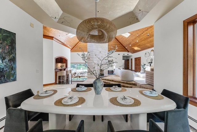 81 Countryside Ln, Milton, MA 02186 - dining area featuring wooden ceiling with exposed beams, high vaulted ceiling, and a baseboard radiator