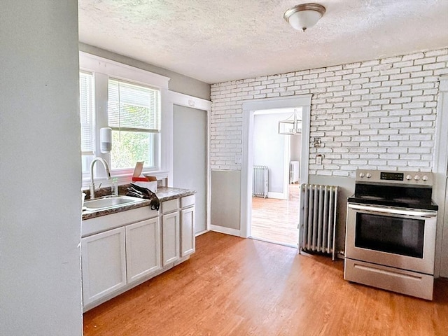 15 Circuit Ave E, Worcester, MA 01603 - kitchen with radiator, stainless steel range with electric cooktop, a sink, light wood-type flooring, and a textured ceiling