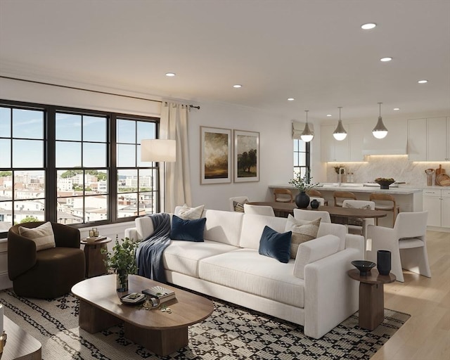 living room featuring healthy amount of natural light, recessed lighting, and light wood-type flooring