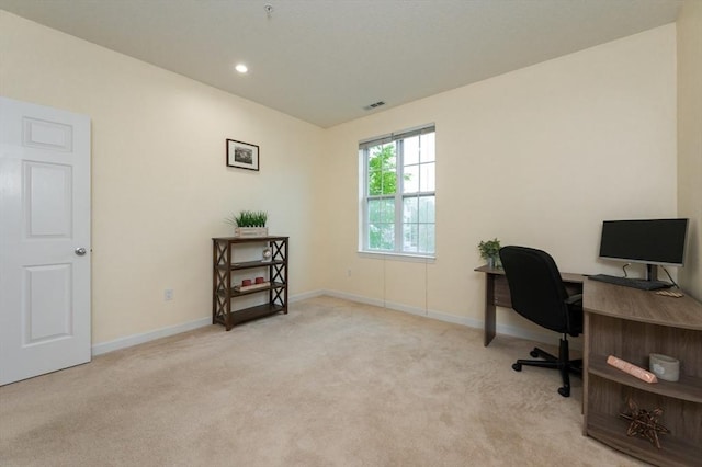 office space with carpet floors, baseboards, and recessed lighting