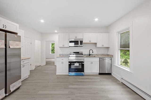 551 Chestnut St, Athol, MA 01331 - kitchen featuring appliances with stainless steel finishes, a baseboard heating unit, healthy amount of natural light, white cabinets, and recessed lighting