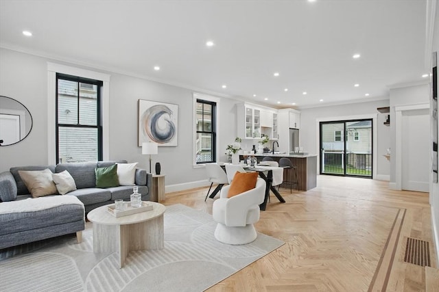 61 Lyndhurst St Unit A, Boston, MA 02124 - living room with baseboards, ornamental molding, and recessed lighting
