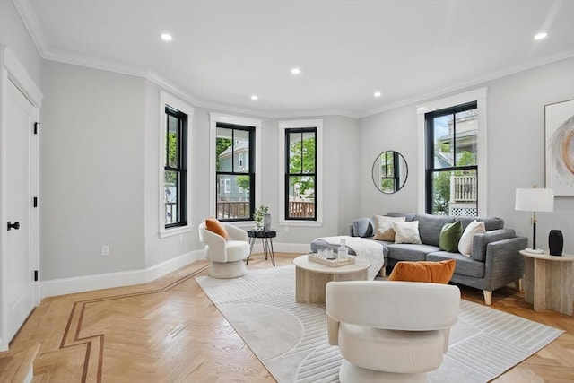 61 Lyndhurst St Unit A, Boston, MA 02124 - living room with healthy amount of natural light, baseboards, recessed lighting, and ornamental molding