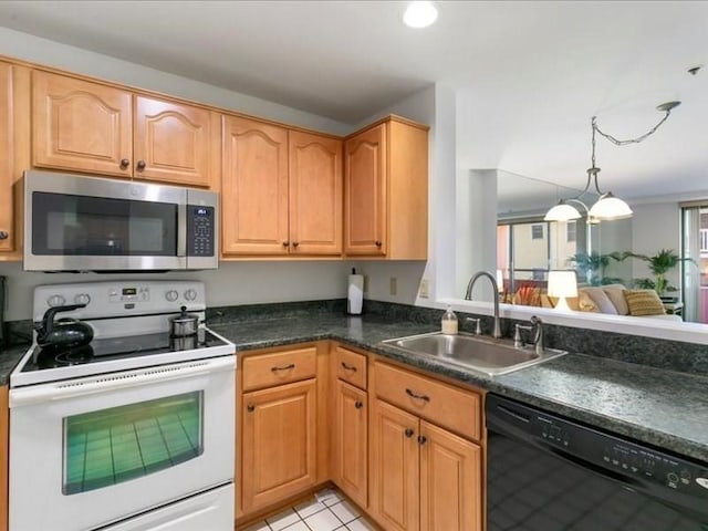 kitchen featuring sink, white electric stove, dishwasher, hanging light fixtures, and light tile patterned flooring