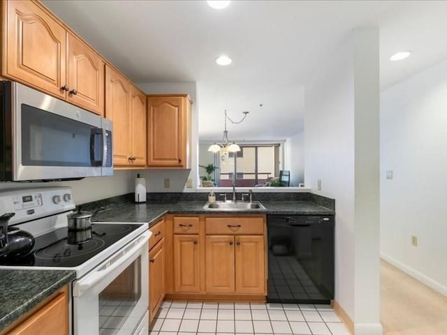 kitchen with dishwasher, sink, white electric stove, hanging light fixtures, and light tile patterned floors