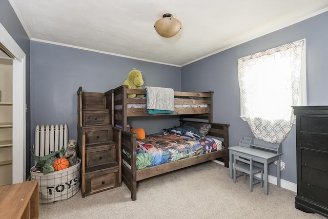 38 Colonial Rd, Weymouth, MA 02191 - carpeted bedroom featuring radiator heating unit, crown molding, and baseboards