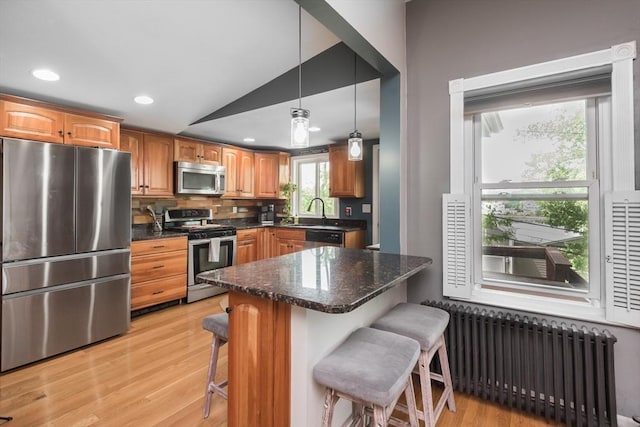 38 Colonial Rd, Weymouth, MA 02191 - kitchen featuring stainless steel appliances, radiator heating unit, light wood-style flooring, vaulted ceiling, and a breakfast bar area