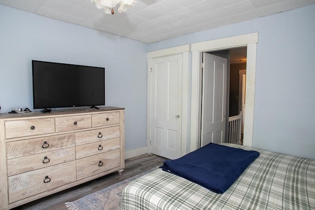 bedroom featuring wood finished floors and a closet
