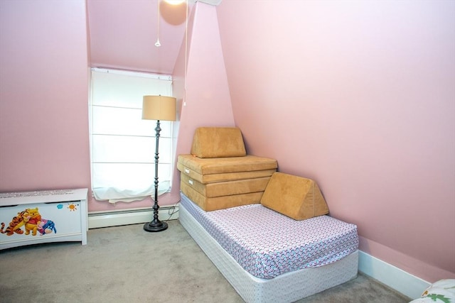 bedroom featuring carpet flooring, a baseboard radiator, and baseboards