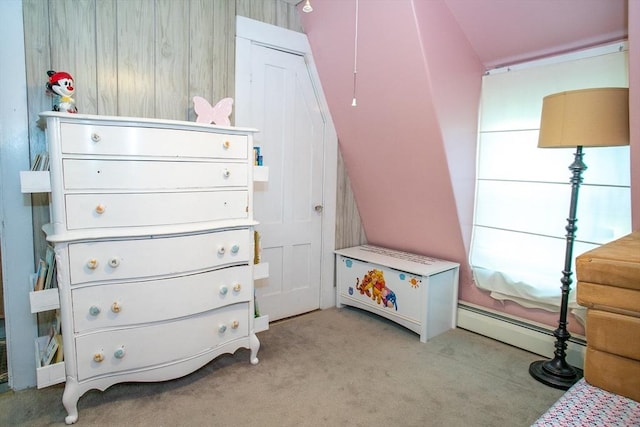 carpeted bedroom with baseboard heating