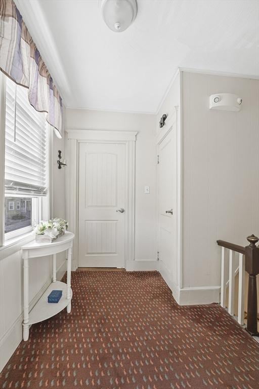 hallway featuring crown molding and carpet flooring