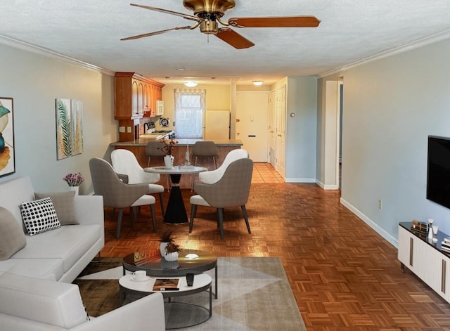 living room featuring crown molding, dark parquet floors, ceiling fan, and a textured ceiling