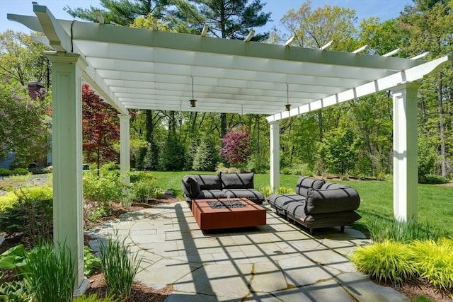 view of patio / terrace with outdoor lounge area and a pergola